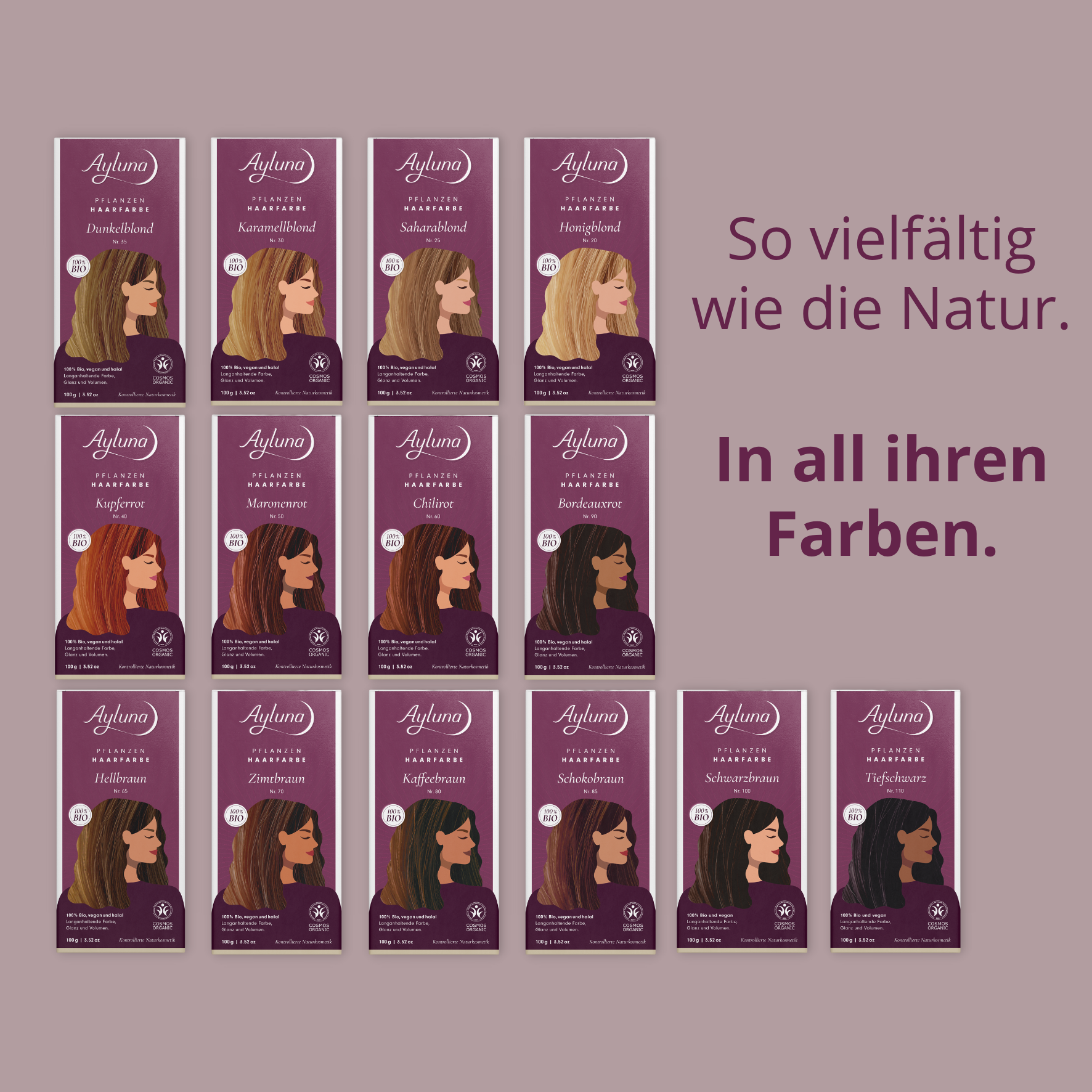 Von zartem Blond bis tiefem Rot: Unsere Pflanzenhaarfarben feiern die Vielfalt – 100 % pflanzlich, individuell und voller Charakter. Jetzt natürlich färben!